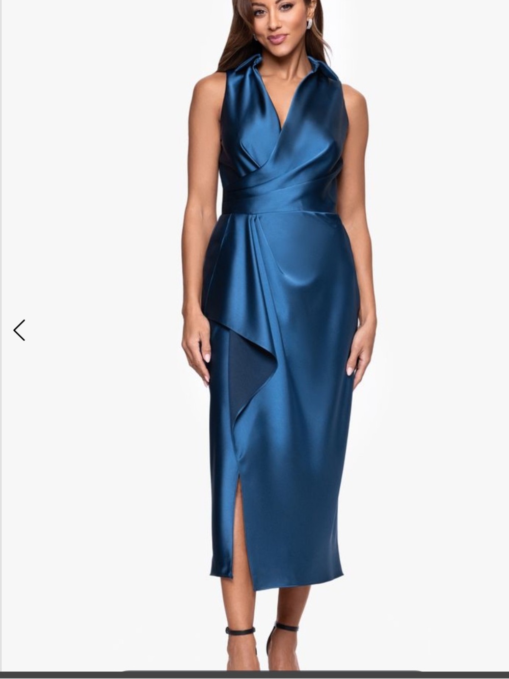 Xscape Teal Blue Satin Draped FauxWrap Midi Cocktail Dress Size 8 NWT Made in US